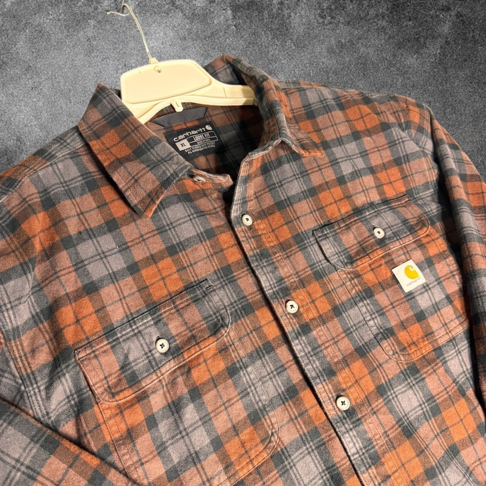 Carhartt Mens XL Flannel Shirt Orange Gray Plaid Loose Fit Workwear Button Up